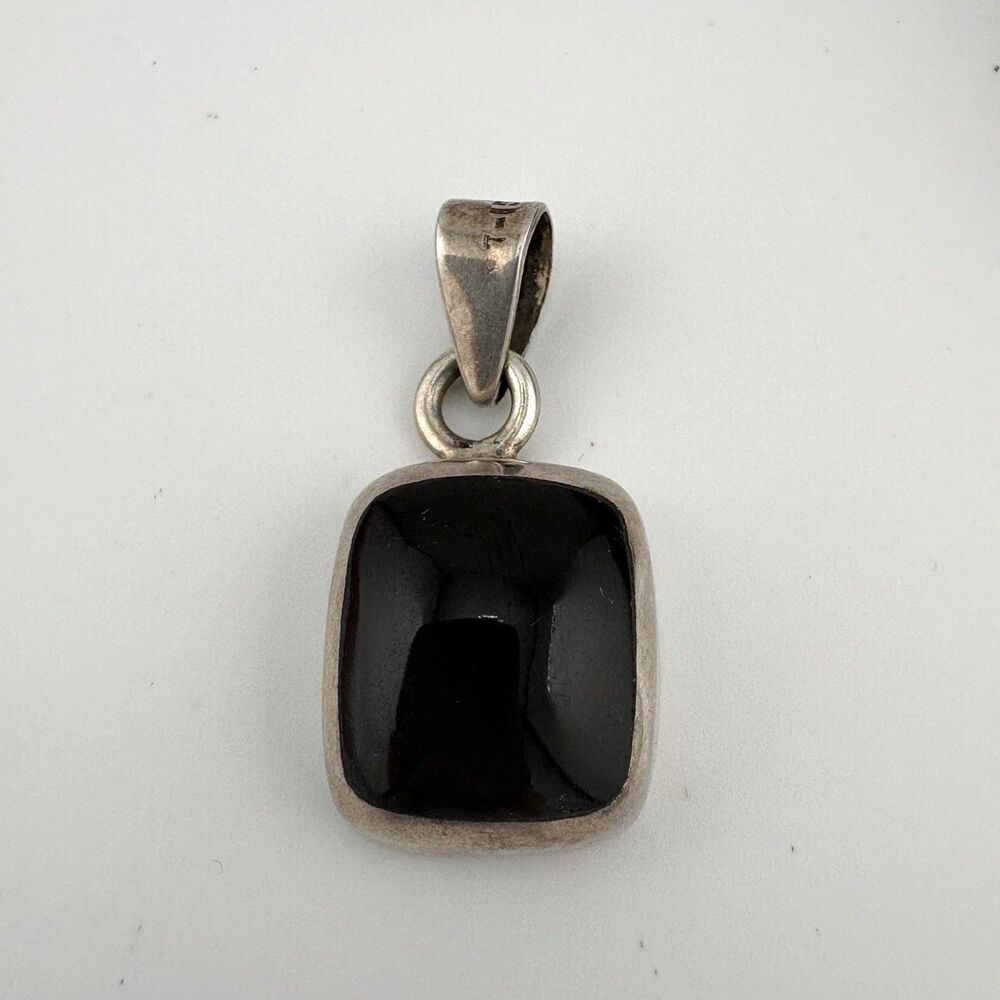 Vintage Black Onyx Pendant Sterling Silver 925 Rectangular Bezel Set 1.5”